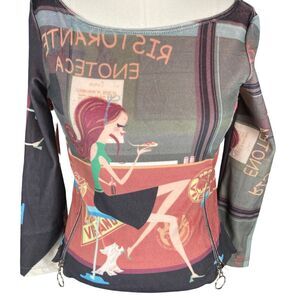 Women Small Shirt Y2K Boho Chic Mesh Top Pizza Enoteca Graphic Long Sleeve